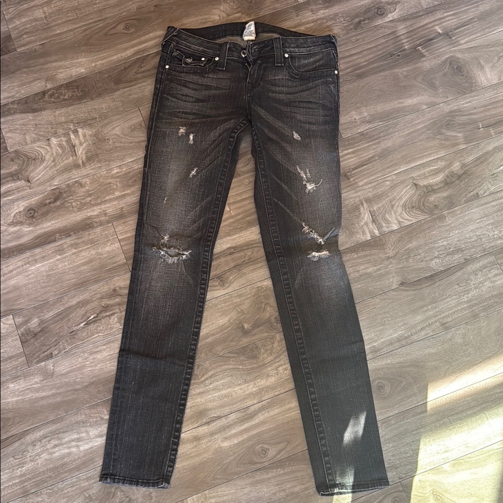 True Religion Black Straight Leg Jeans with Distressed Details